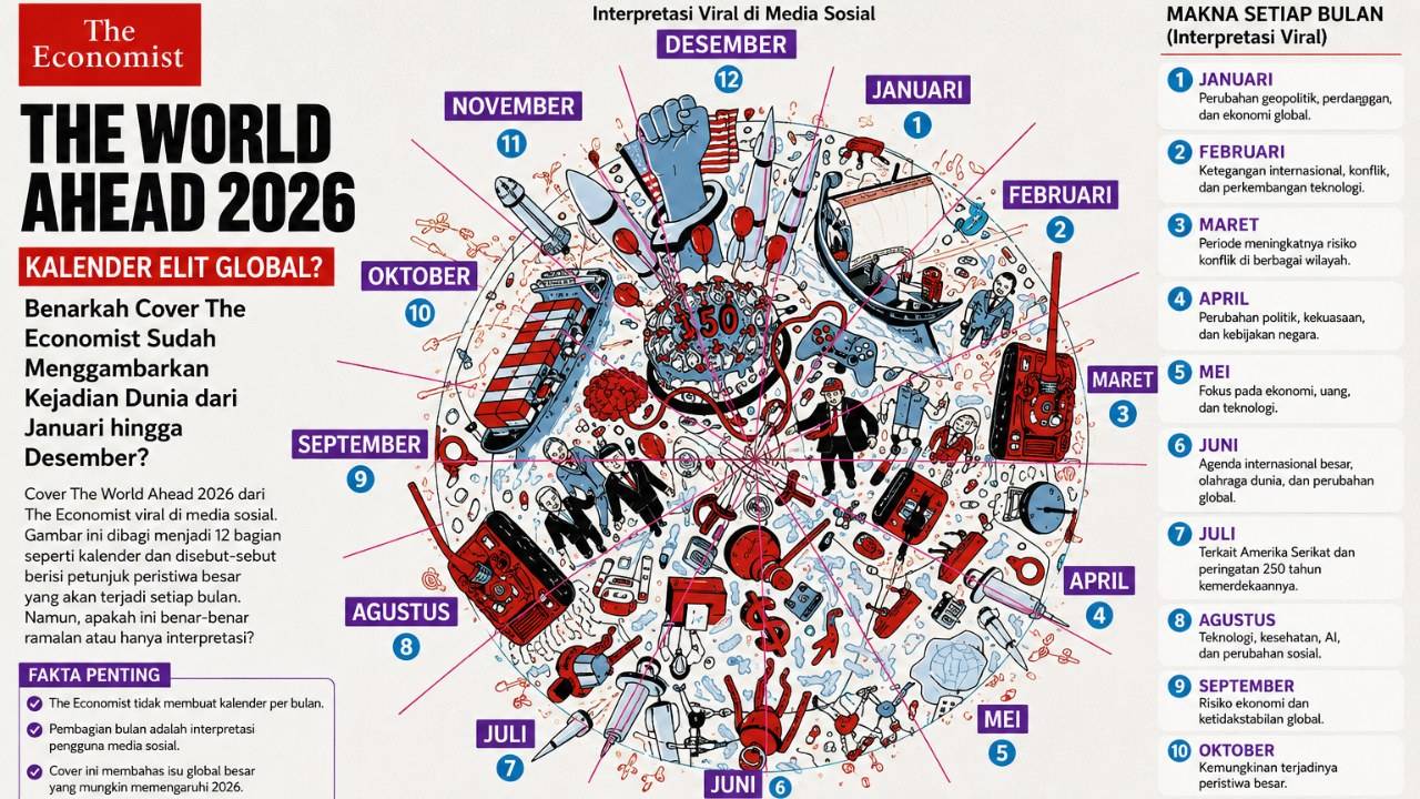 Gambar KALENDER ELIT GLOBAL 2026 VIRAL: BENARKAH COVER THE ECONOMIST SUDAH MENGGAMBARKAN KEJADIAN DUNIA DARI JANUARI HINGGA DESEMBER?