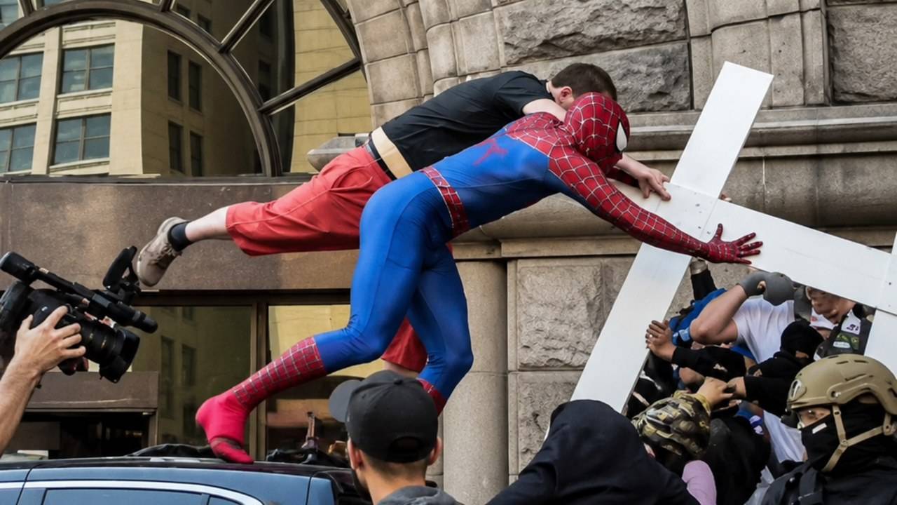 Gambar Spider-Man Lompat ke Mobil Jake Lang di Tengah Kericuhan Demo Minneapolis, 11 Orang Ditangkap
